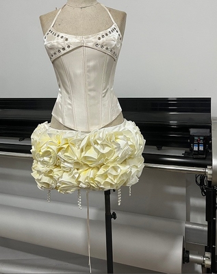Short Top Length 3D Flower Design Satin Sleeveless Fringe Mini Dress Set for Women Satin Fabric Sexy Nightclub Style