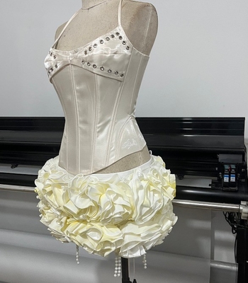 Short Top Length 3D Flower Design Satin Sleeveless Fringe Mini Dress Set for Women Satin Fabric Sexy Nightclub Style