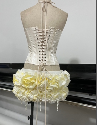 Short Top Length 3D Flower Design Satin Sleeveless Fringe Mini Dress Set for Women Satin Fabric Sexy Nightclub Style