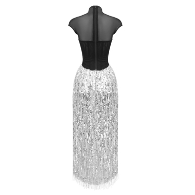 SS2386 Women's Summer Fashion Two-Piece Set Sleeveless Mesh Top and Fringe Skirt with Tassel Detail in Shiny Satin Fabric