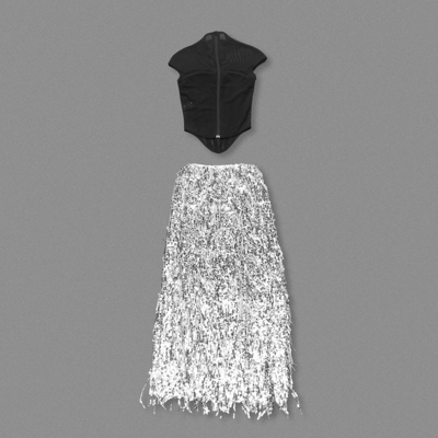 SS2386 Women's Summer Fashion Two-Piece Set Sleeveless Mesh Top and Fringe Skirt with Tassel Detail in Shiny Satin Fabric