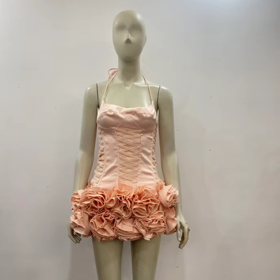 SS2385 Kimshein Women's Fashion Satin Suit Sleeveless Mini Dress Set 3D Flower Two-piece Set Now 240g Fabric Weight