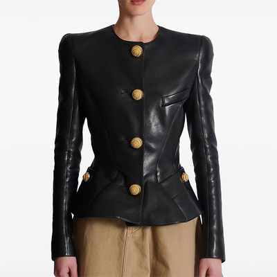 Double Breasted BA2349 Black PU Leather Sport Jacket for Women Long Sleeve Elegant and Sexy Design Ready to Ship