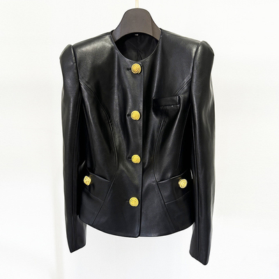 Double Breasted BA2349 Black PU Leather Sport Jacket for Women Long Sleeve Elegant and Sexy Design Ready to Ship