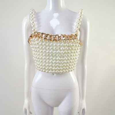 2023 Summer Women's Top with Satin Sheen Fabric and Pearl Embellishments in TS2216 White Pearl