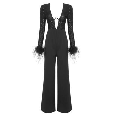 7-Day Fast Sampling JB2249 Kimshein Fashion Women's Party Evening Dress V-Neck Feather Sequin Jumpsuit