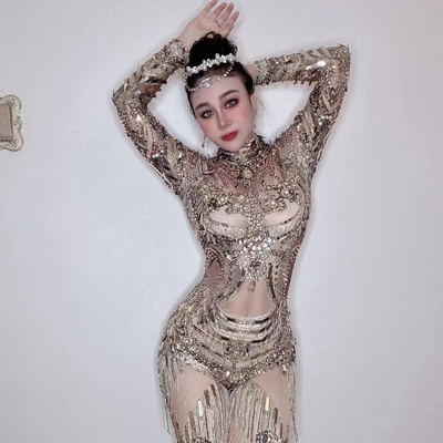 AD1620 Women's Fashion Fringed Suit with Crystal Floral Stone Chain Trim Dress Jumpsuit 7-Day Fast Sampling Regular Sleeve