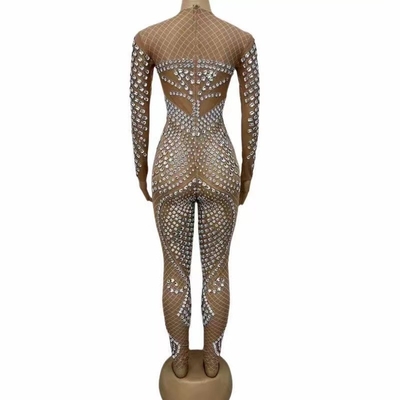 Custom Logo AD1661 Feminine and Sophisticated Women's Long Sleeve Dance Party Jumpsuit with Sparkling Diamonds