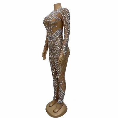 Custom Logo AD1661 Feminine and Sophisticated Women's Long Sleeve Dance Party Jumpsuit with Sparkling Diamonds