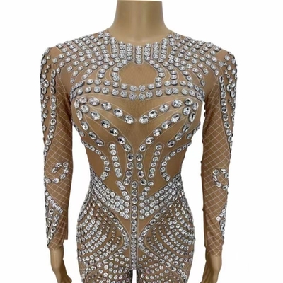 Custom Logo AD1661 Feminine and Sophisticated Women's Long Sleeve Dance Party Jumpsuit with Sparkling Diamonds