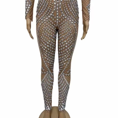 Custom Logo AD1661 Feminine and Sophisticated Women's Long Sleeve Dance Party Jumpsuit with Sparkling Diamonds