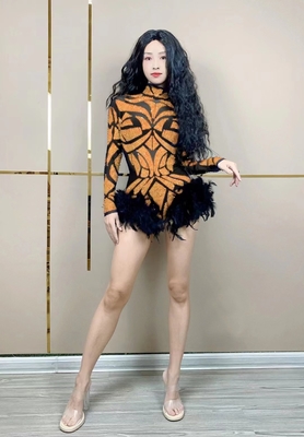 Eco-friendly AD1928 Kimshein High Neck Long Sleeve Mesh Crystal Feather Mini Birthday Party Dress for Fashion Design Women