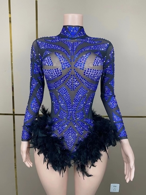 Eco-friendly AD1928 Kimshein High Neck Long Sleeve Mesh Crystal Feather Mini Birthday Party Dress for Fashion Design Women