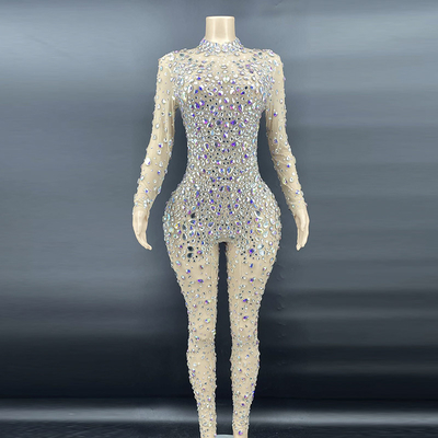 AD1159 Shimmering Diamond Women's Full Body Rhinestone Bodysuit Celebrity Outfit Female Stage Costume Geometric Pattern