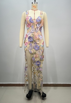Quick Sample Turnaround V-Neck Bodycon Dress with Luxurious Embroidered Floral Ball Gown High Slit Evening Dress