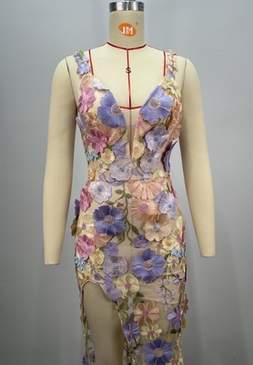 Quick Sample Turnaround V-Neck Bodycon Dress with Luxurious Embroidered Floral Ball Gown High Slit Evening Dress