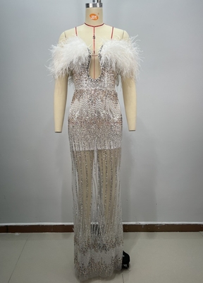 ED2759 Feathered Ball Elegant Pearl and Crystal Off-Shoulder Evening Gown with Exquisite Feather Embellishments
