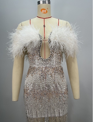 ED2759 Feathered Ball Elegant Pearl and Crystal Off-Shoulder Evening Gown with Exquisite Feather Embellishments