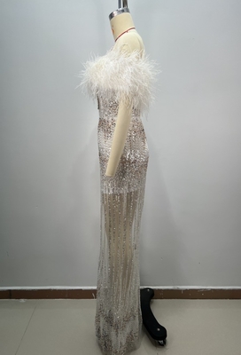 ED2759 Feathered Ball Elegant Pearl and Crystal Off-Shoulder Evening Gown with Exquisite Feather Embellishments