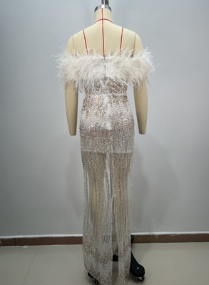 ED2759 Feathered Ball Elegant Pearl and Crystal Off-Shoulder Evening Gown with Exquisite Feather Embellishments