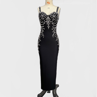 SB3368 Black Glittering Crystal Italian Spaghetti Strap Dress for Adult Women's Luxurious Bandage Party Dress by Kimshein