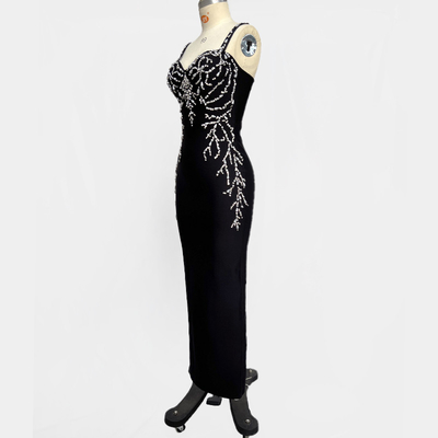 SB3368 Black Glittering Crystal Italian Spaghetti Strap Dress for Adult Women's Luxurious Bandage Party Dress by Kimshein