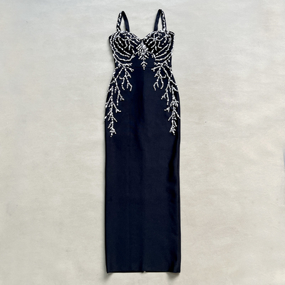 SB3368 Black Glittering Crystal Italian Spaghetti Strap Dress for Adult Women's Luxurious Bandage Party Dress by Kimshein
