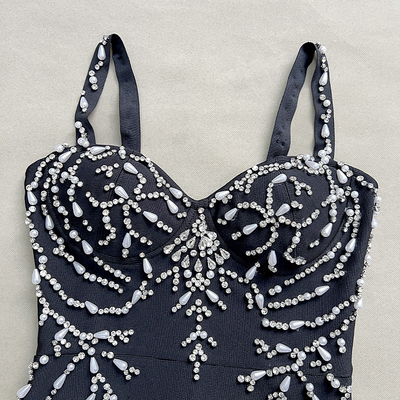 SB3368 Black Glittering Crystal Italian Spaghetti Strap Dress for Adult Women's Luxurious Bandage Party Dress by Kimshein