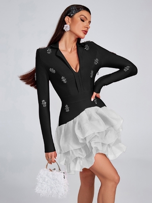Elegant and Tight-fitting LS2648 Deep V-neck Mini Bandage Dress with Crystal Embellishment Customizable Logo Position