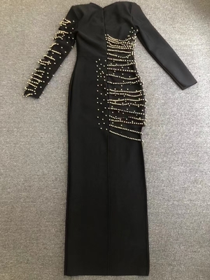 LS2649 Black Luxurious Pearl Embellished Bandage Dress for Women in Spring and Autumn Elegant Celebrity Tight Party Dress