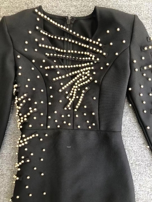 LS2649 Black Luxurious Pearl Embellished Bandage Dress for Women in Spring and Autumn Elegant Celebrity Tight Party Dress