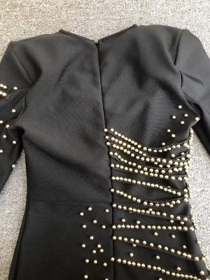 LS2649 Black Luxurious Pearl Embellished Bandage Dress for Women in Spring and Autumn Elegant Celebrity Tight Party Dress