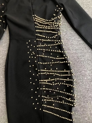 LS2649 Black Luxurious Pearl Embellished Bandage Dress for Women in Spring and Autumn Elegant Celebrity Tight Party Dress