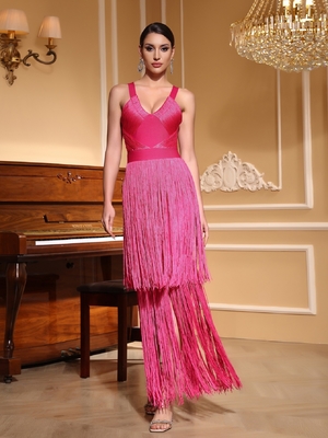 Kimshein Summer Fringe Club Maxi Dress for Women Sexy Fringe Bodycon Party Bandage Dress in None Print Method SB3435
