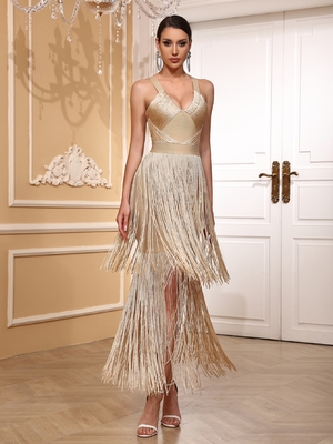 Kimshein Summer Fringe Club Maxi Dress for Women Sexy Fringe Bodycon Party Bandage Dress in None Print Method SB3435