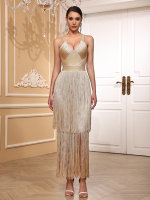 Kimshein Summer Fringe Club Maxi Dress for Women Sexy Fringe Bodycon Party Bandage Dress in None Print Method SB3435