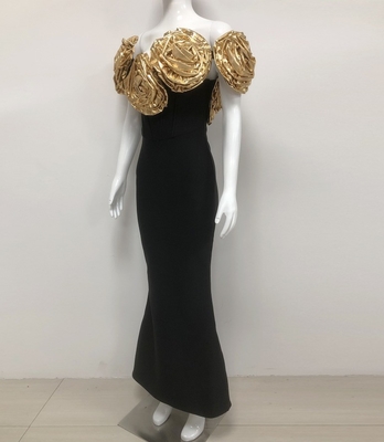 SB3443 Luxurious Gold 3D Handmade Floral Maxi Dress for Summer Fashion Party Bandage and Breathability Black Evening Gown