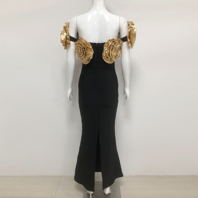 SB3443 Luxurious Gold 3D Handmade Floral Maxi Dress for Summer Fashion Party Bandage and Breathability Black Evening Gown