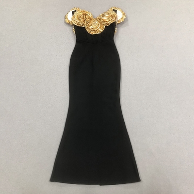 SB3443 Luxurious Gold 3D Handmade Floral Maxi Dress for Summer Fashion Party Bandage and Breathability Black Evening Gown