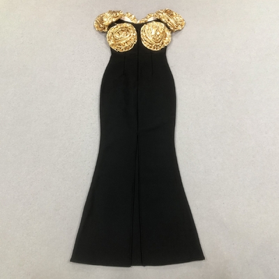 SB3443 Luxurious Gold 3D Handmade Floral Maxi Dress for Summer Fashion Party Bandage and Breathability Black Evening Gown