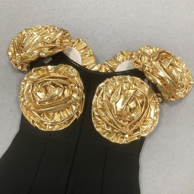 SB3443 Luxurious Gold 3D Handmade Floral Maxi Dress for Summer Fashion Party Bandage and Breathability Black Evening Gown
