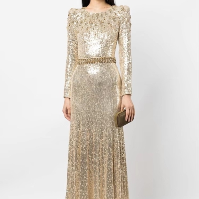 LS2659 Shiny Gold Crystal Sequin Dress Long Sleeve Tight Dress for Birthday Party Fashion Dress Pure Color No Train No Tail
