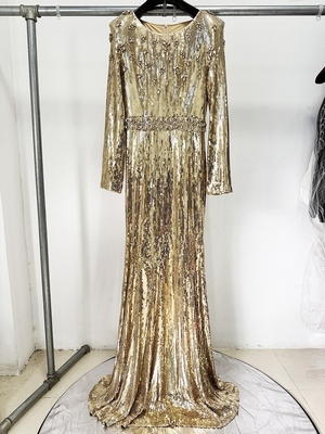 LS2659 Shiny Gold Crystal Sequin Dress Long Sleeve Tight Dress for Birthday Party Fashion Dress Pure Color No Train No Tail