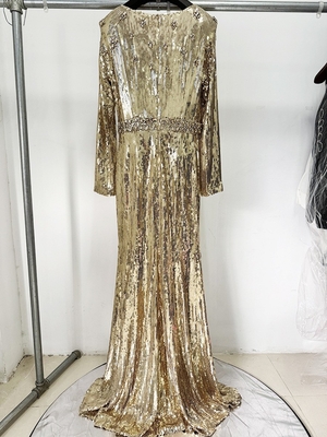 LS2659 Shiny Gold Crystal Sequin Dress Long Sleeve Tight Dress for Birthday Party Fashion Dress Pure Color No Train No Tail