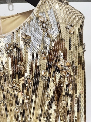 LS2659 Shiny Gold Crystal Sequin Dress Long Sleeve Tight Dress for Birthday Party Fashion Dress Pure Color No Train No Tail