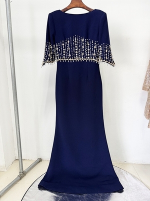 Polyester Lining LS2658 Water Drill Luxury Dress for Women Elegant Short-Sleeved Long Nightclub Party Birthday Dress