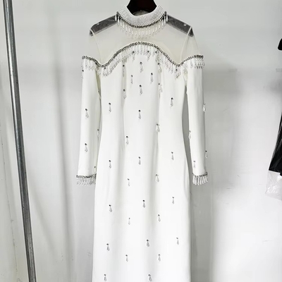 LS2657 Satin Fabric Long Sleeve Sexy Women's Luxury Dress with Regular Sleeves and Elegant Pearl Diamond
