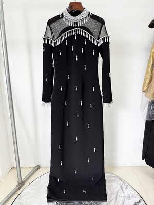 LS2657 Satin Fabric Long Sleeve Sexy Women's Luxury Dress with Regular Sleeves and Elegant Pearl Diamond