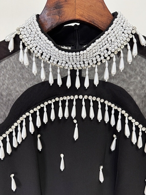 LS2657 Satin Fabric Long Sleeve Sexy Women's Luxury Dress with Regular Sleeves and Elegant Pearl Diamond