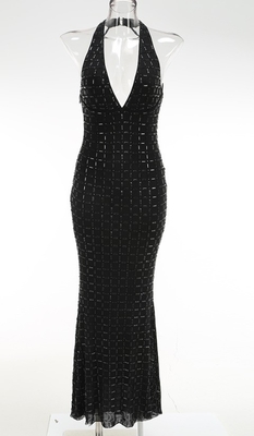 SB3452 Upgrade Your Summer Nights with this Must-Have Black Mesh Maxi Dress featuring Deep V Neck and Sleeveless Design